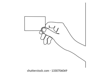 Continuous line drawing of a hand holding a card isolated on white background. Business card showing. Vector