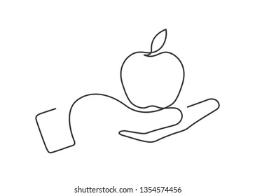 Continuous line drawing of hand holding apple. Vector illustration