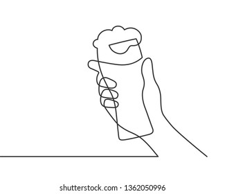 Continuous line drawing of hand holding and clinking beer glass with foam on white background. Vector illustration.