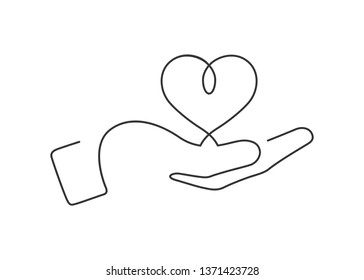 Continuous line drawing of hand holding a heart. Vector illustration