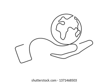 Continuous line drawing of hand holding a small globe. Vector illustration