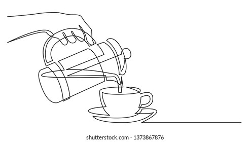 continuous line drawing of hand holding french press pouring coffee in cup