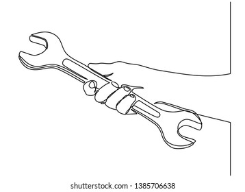 Continuous line drawing of hand holding a wrench. Isolated on a white background