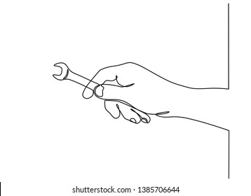 Continuous line drawing of hand holding a wrench. Isolated on a white background