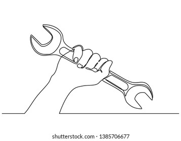 Continuous line drawing of hand holding a wrench. Isolated on a white background