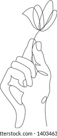 Continuous line drawing. Hand holding flower. Vector illustration