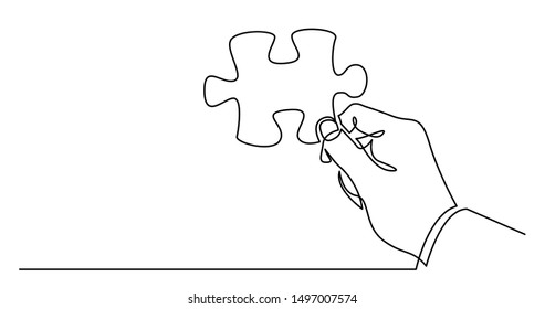 continuous line drawing of hand holding puzzle piece as a solution