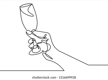 Continuous line drawing of hand holding glass. Template for your design. Vector illustration.