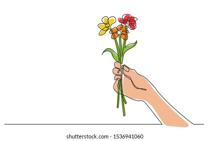 continuous line drawing of hand holding flower bouqet