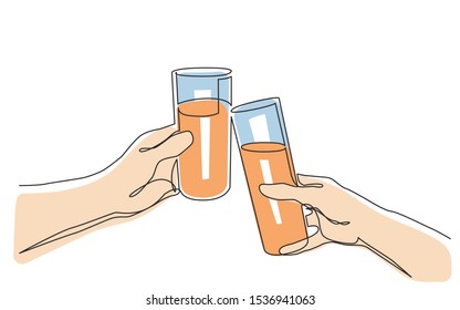 continuous line drawing of hand holding drinks toasting together