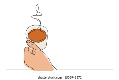 continuous line drawing of hand holding cup of hot coffee