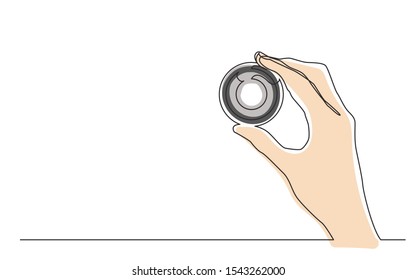 continuous line drawing of hand holding photographic camera lens