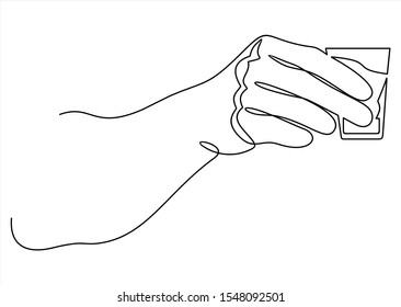 Continuous line drawing of hand holding glass. Vector illustration.
