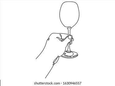 Continuous line drawing of hand holding glass. Template for your design. Vector illustration.