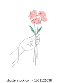  Dibujo continuo de líneas. Mano sosteniendo la flor. Expresen sus sentimientos. Aislado sobre fondo blanco. Ilustración vectorial.