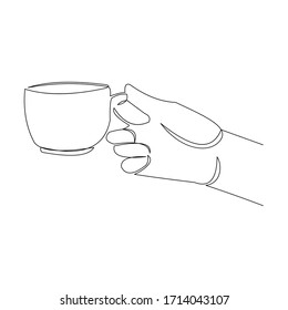 continuous line drawing of hand holding cup of coffee or tea. Vector illustration.