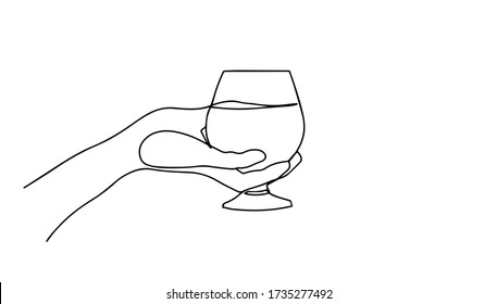 Continuous line drawing of hand holding glass. Template for your design. Vector illustration. Wine glass in human hand in continuous line art drawing style. Minimalist black linear sketch isolate