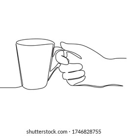 Continuous line drawing of hand holding a coffee cup. One hands holding coffee cups isolated on white background
