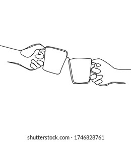 Continuous line drawing of hand holding a coffee cup. One hands holding coffee cups isolated on white background