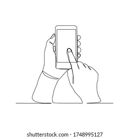 Continuous line drawing of hand holding smartphone. One line concept of finger click phone. Vector illustration
