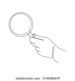 Continuous line drawing of hand holding magnifying glass . Vector illustration