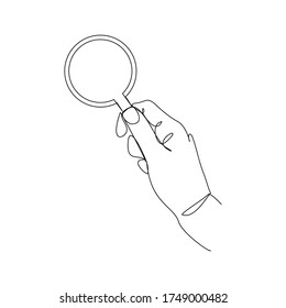 Dibujo de línea continua de la mano sujetando la lupa. Ilustración del vector