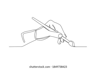 continuous line drawing hand holding painting brush. One line concept of creative artist work. Vector illustration