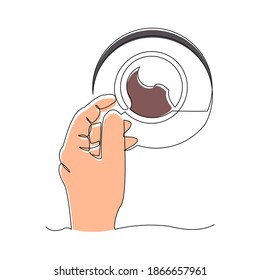 Continuous line drawing of hand holding cup of coffee or tea. Vector illustration