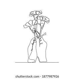 Continuous line drawing of a hand holding bouquet flower. Hand's woman with a flower isolated on white background. Give a sign of love for someone. Minimalism style. Vector sketch illustration