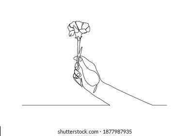 Continuous line drawing of a hand holding bouquet flower. Hand's woman with a flower isolated on white background. Give a sign of love for someone. Minimalism style. Vector sketch illustration