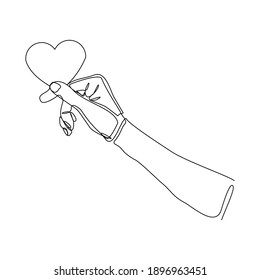 Continuous line drawing of hand holding love heart on white background. Single one line art of valentine. Vector illustration