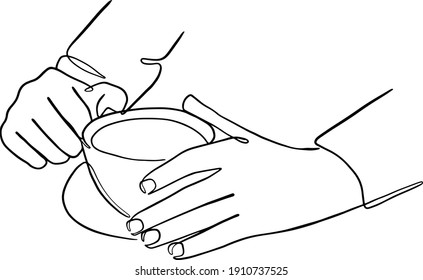 Continuous line drawing of Hand holding a cup of coffee. Hand drawn vector illustrations, wall decoration, art prints, wallpaper line art couple hand, coffee line art, a glass of coffee line art 