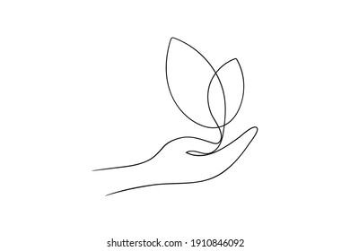 Continuous Line Drawing Hand Holding Leaves Stock Vector (Royalty Free ...