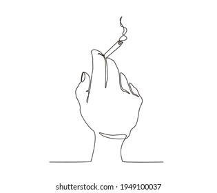 Continuous line drawing of hand holding cigarette smoke floating in the air. 