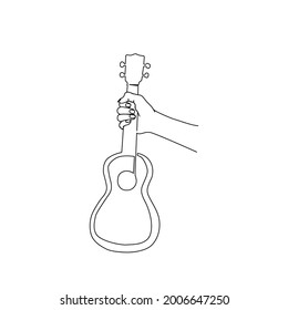 Continuous line drawing of hand holding ukulele. ukulele line art with active stroke. 