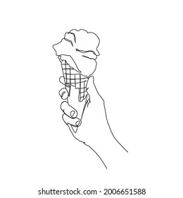 Continuous line drawing of hand holding ice cream cone. Ice cream cone line art with active stroke. 