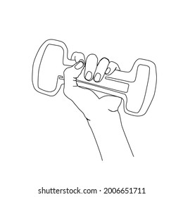 Continuous Line Drawing Of Hand Holding Dumbell. Dumbell Equipment Line Art With Active Stroke. 