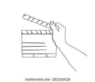 Continuous line drawing of hand holding movie clapboard. cinema clapperboard illustration with editable stroke. 