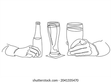 Continuous line drawing of hand holding beer glass.