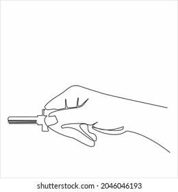 
Continuous line drawing. Hand holding car or apartment keys. Black lines on a white background.