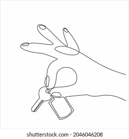 
Continuous line drawing. Hand holding car or apartment keys. Black lines on a white background.