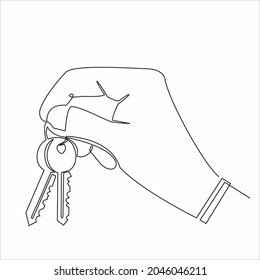 
Continuous line drawing. Hand holding car or apartment keys. Black lines on a white background.
