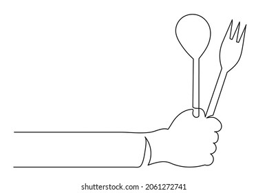 Continuous Line Drawing Of A Hand Holding A Fork And Spoon. Cafe Concept, Fast Food, Business Card, Logo, Signboard.