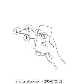 continuous line drawing hand holding mobile phone and money illustration vector isolated