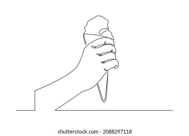 Continuous line drawing hand holding delicious fresh of ice cream cone. Single one line art of hand holding sweet ice cream gelato desert. Vector illustration