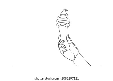 Continuous line drawing hand holding delicious fresh of ice cream cone. Single one line art of hand holding sweet ice cream gelato desert. Vector illustration