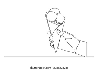 Dibujo continuo con una deliciosa salsa fresca de helado. Una sola línea de arte de mano sosteniendo helado dulce helado desierto. Ilustración del vector