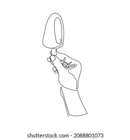 Dibujo continuo de la línea de la mano sosteniendo un palo de helado fresco. Una sola línea de arte de la mano sostiene delicioso menú dulce y jugoso de helado fresco de la cafetería. Ilustración del vector