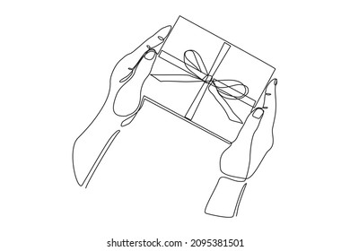 Continuous line drawing of hand holding gift box with ribbon. Single one line art of birthday surprise and christmas box. Vector illustration