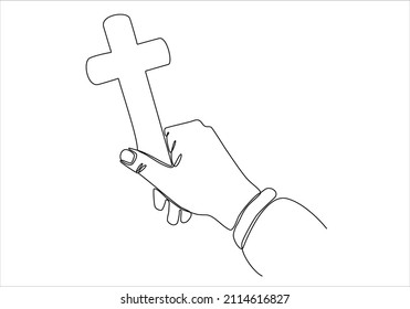 
Hand mit kontinuierlicher Linienzeichnung, die hellchristlich-heiliger Kreuz-Vektorgrafik mit abstrakter Linie hält Vektorgrafik